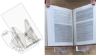 Computer image and photo of the adjustable, inexpensive and easy-to-store cradle for rare books designed by Duke Engineering first-year students.