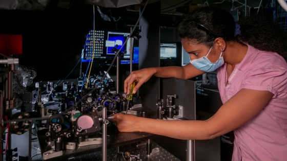 Jyothi Saraladevi, a Postdoctoral Associate in the Brown Lab works on a quantum computer setup