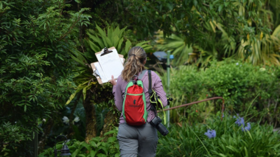 student walking through rainforest