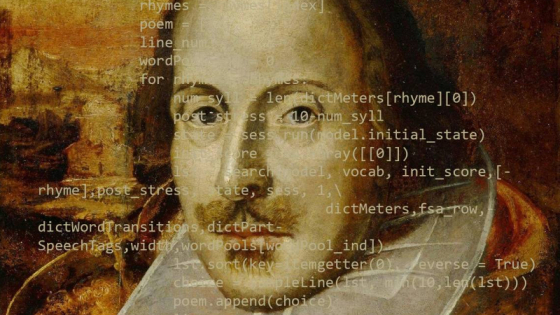 William Shakespeare with lines of code on top of his face
