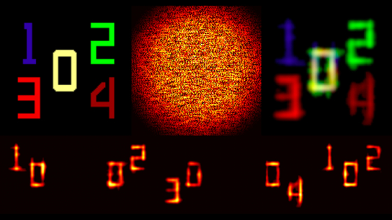Digits 0 through 4 in different colors reconstructed with some distortion