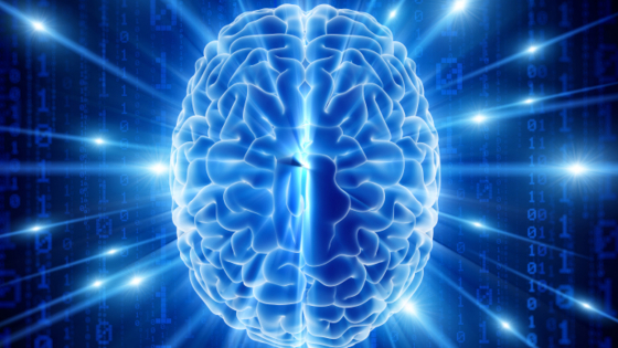 A brain made of blue light with streaks of blue light coming out of it and matrix digits in the background