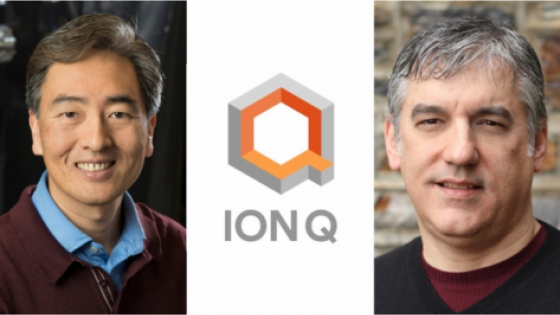 Jungsang Kim and Chris Monroe, separated by IonQ logo