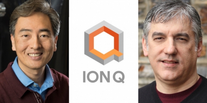 Jungsang Kim and Chris Monroe, separated by IonQ logo
