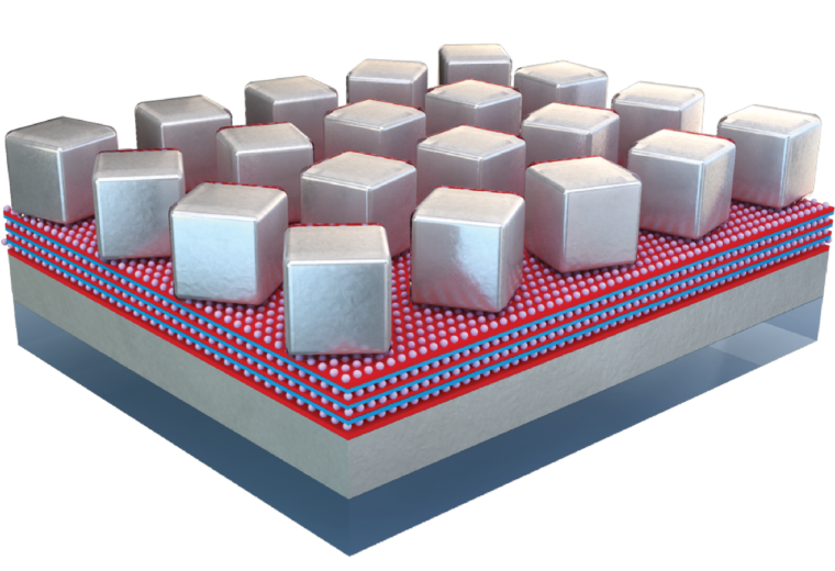 3D research illustration of silver cubes on a layered surface