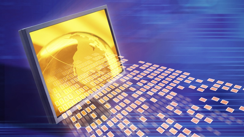 Stock graphic of a computer screen with blocks of light coming out of it