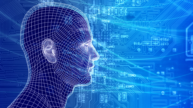 A blue human head with a grid on it with symbols of computer circuits swirling around