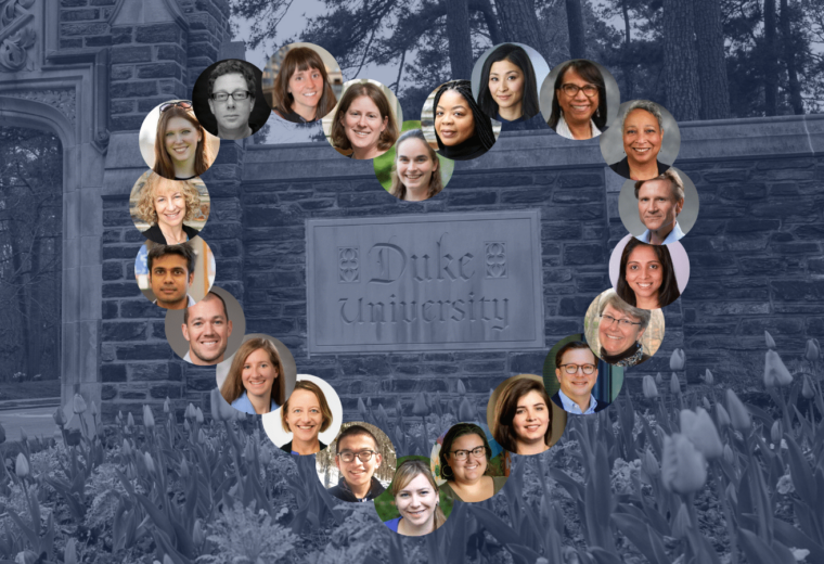 Headshots in a heart shape superimposed over an image of a Duke University sign