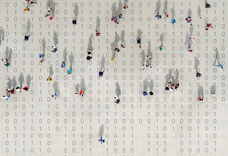 People walk atop binary code