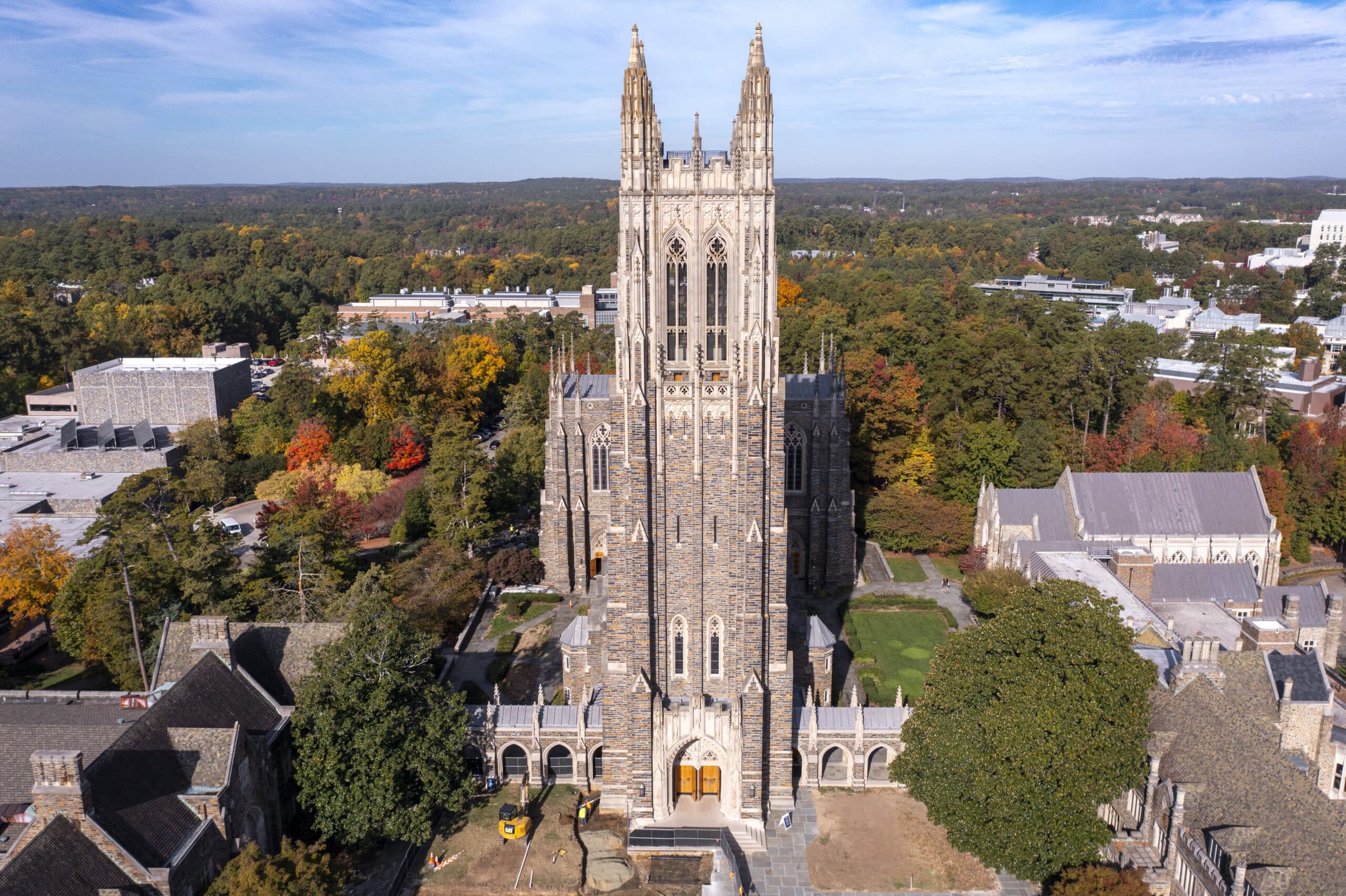 aerial view of Duke Chapel with fall trees