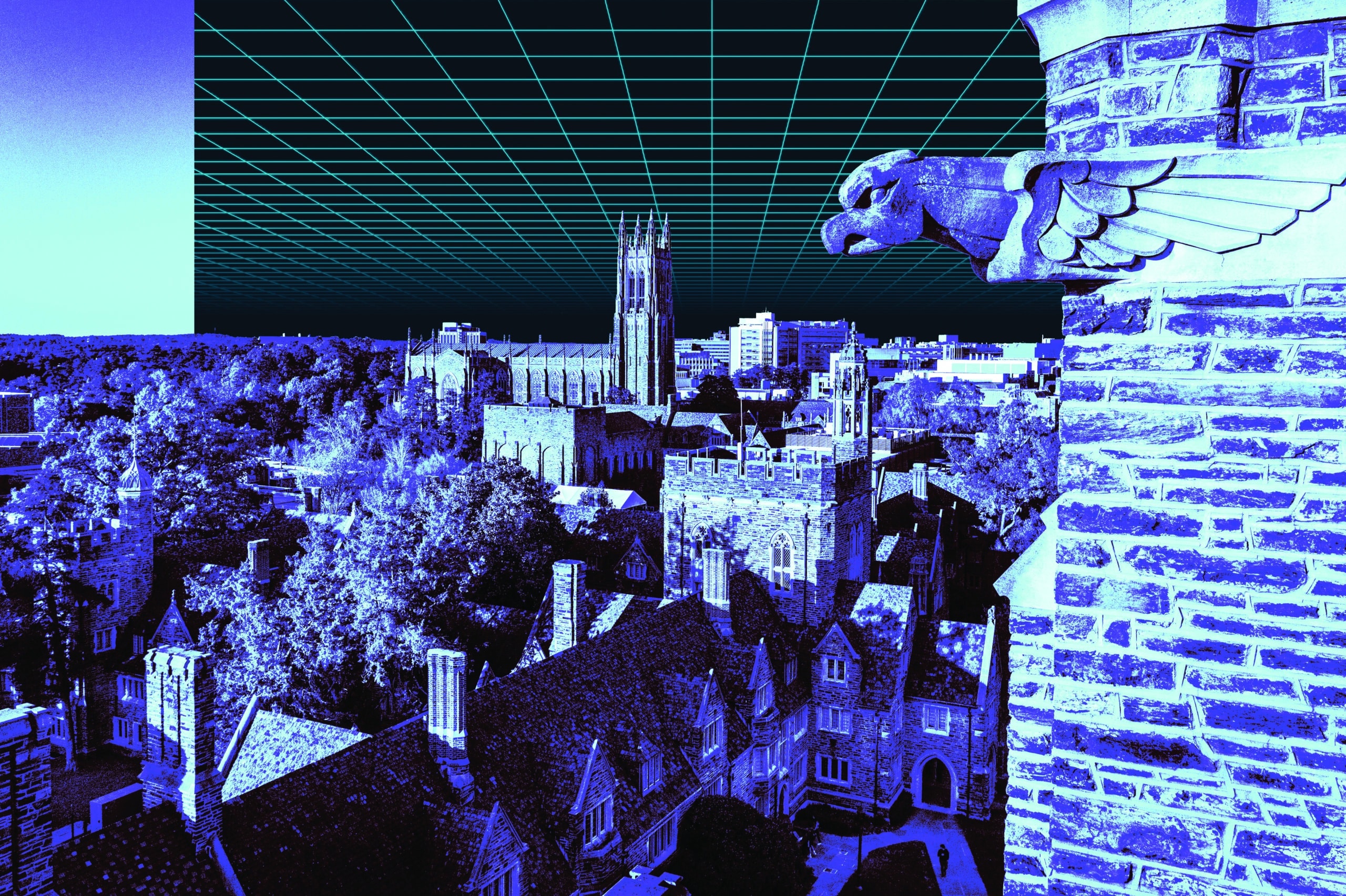 Fall aerial of gargoyle atop Crowell Clocktower looking back towards kilo tower and Duke Chapel