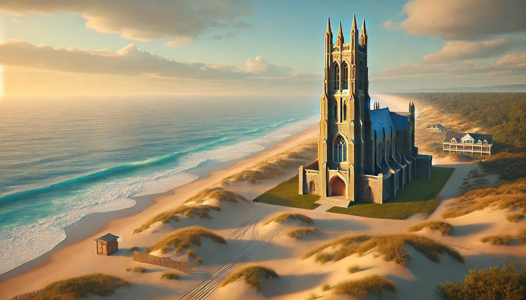 DALLE artificial intelligence reimagines what the Duke Chapel might look like if it were positioned more like Mont Saint-Michel on North Carolina's Outer Banks.