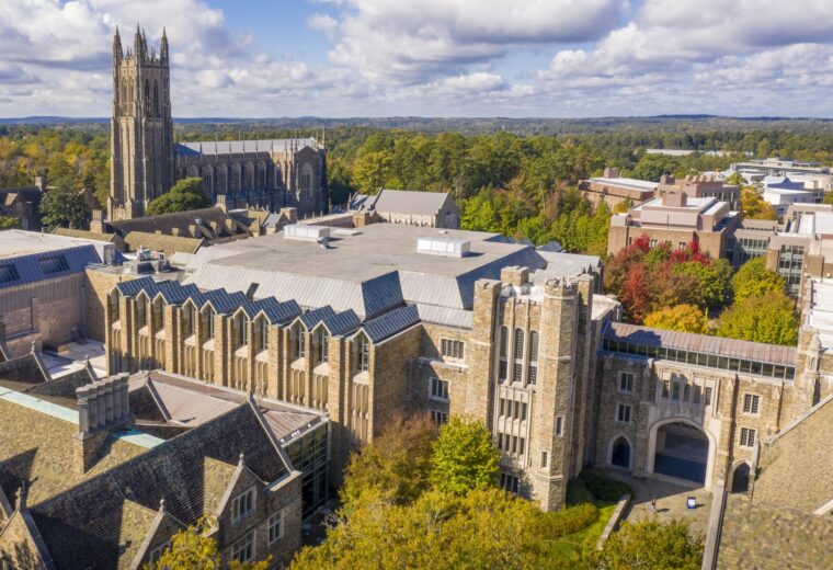 fall aerial view of Duke Chapel with the Fitzpatrick Center in the background