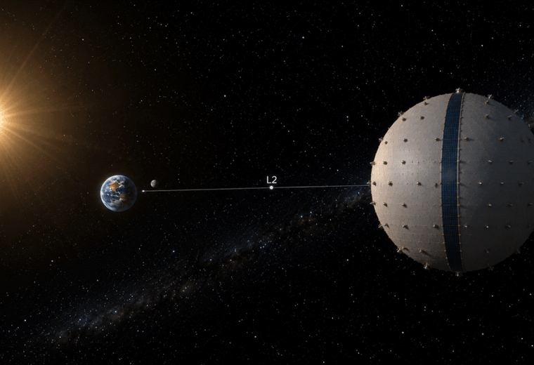 Illustration of the Sun, Earth, and a large spherical space structure aligned along the Sun–Earth L2 point, labeled “L2,” against a star-filled background.